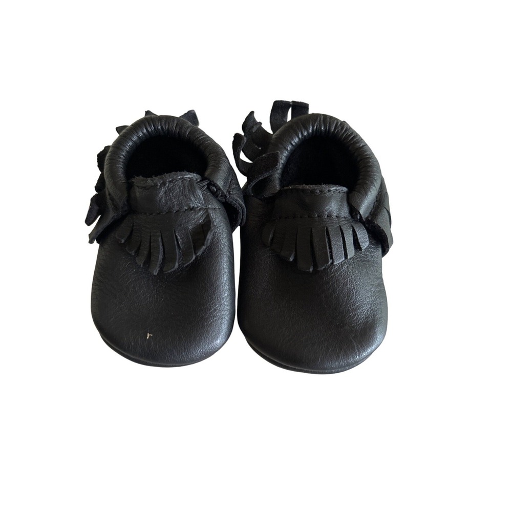 Fresh‎ Picked Black Leather Crib Shoe Bootie Moccasins Size 6 months